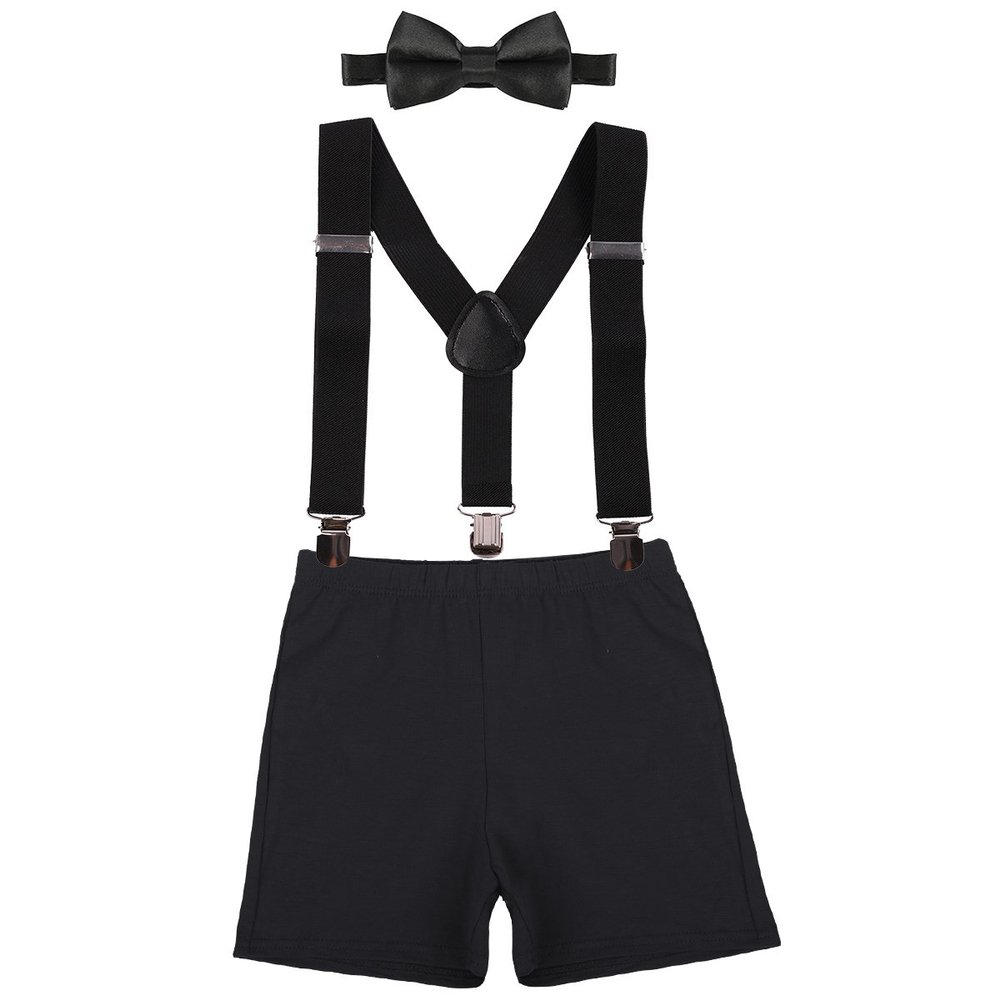 IWEMEK Kids Baby Boys First Birthday Cake Smash Outfit Adjustable Y Back Elastic Clip Suspenders Bowtie set Party Pre-tied Bloomers Black