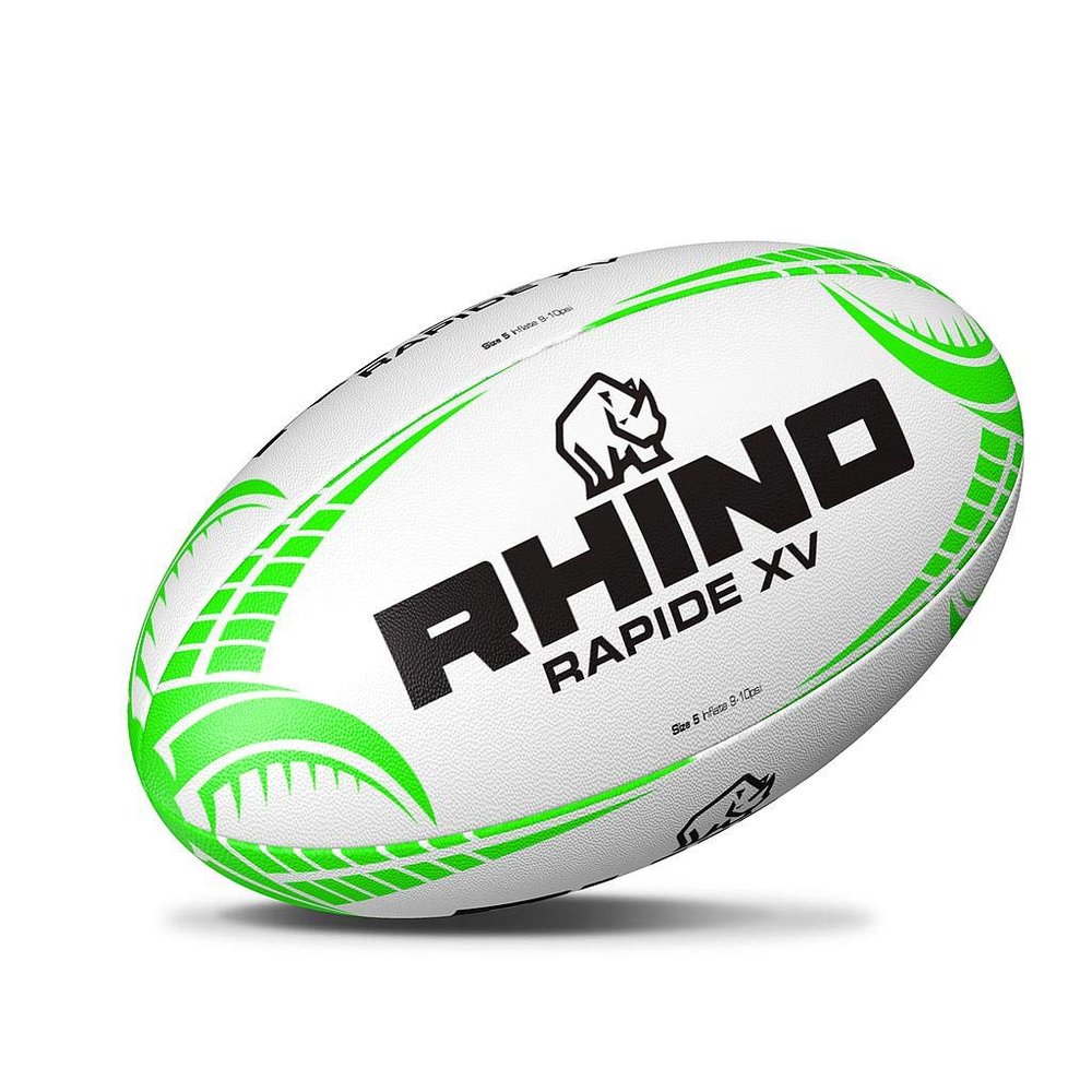 Rhino Rapide XV Rugby Ball, White/Green, Size 4, RRBRW4