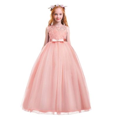 Flower Girl Lace Dress for Kids Formal Wedding Bridesmaid Long Princess Dresses Pageant First Communion Dance Prom Gown Little Baby Baptism Big Girls Birthday Floor Length Puffy Tulle Skirt Peach 4-5Y