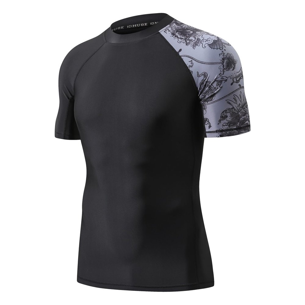HUGE SPORTS Men's Splice UV Sun Protection UPF 50+ Skins Rash Guard Short Sleeves (Piracy, S)