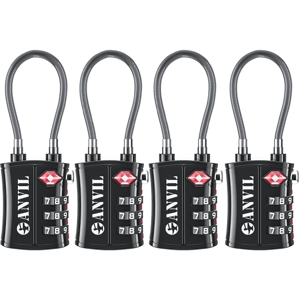 ANVIL TSA Locks for Luggage TSA Approved Cable Travel Lock with Zinc Alloy Body, 3-Digit Combination Lock for Suitcases, Backpacks, Gun Cases, Zippers