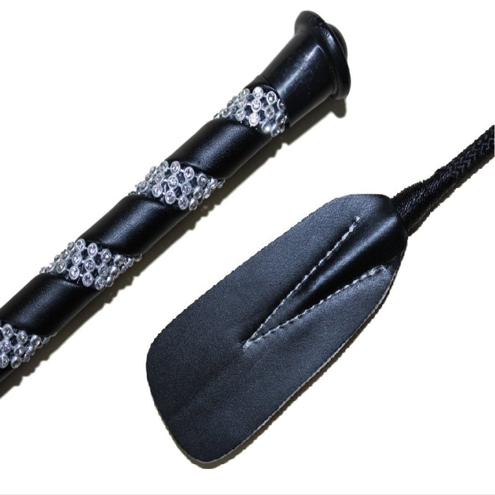 Jump Bat 18 Inch Riding Crop Horse and Rhinestone Decorated Handle (Black)
