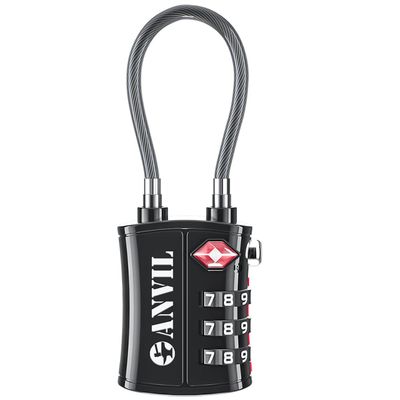 ANVIL TSA Locks for Luggage  TSA Approved Cable Travel Lock with Zinc Alloy Body, 3-Digit Combination Lock for Suitcases, Backpacks, Gun Cases, Zippers (Black 1 Pack)