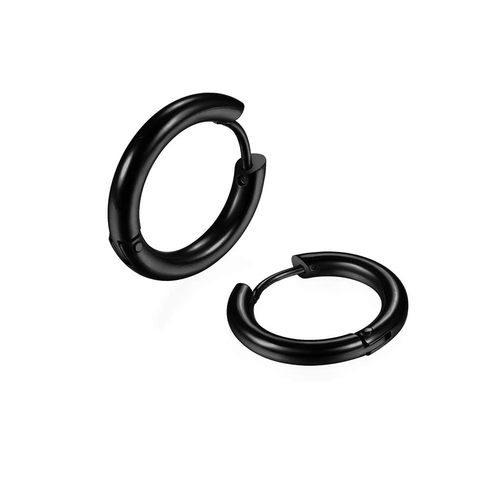 316L Surgical Stainless Steel Huggie Hoop Earrings 12mm Black Hypoallergenic Earrings Hoop Cartilage Helix Lobes Hinged Sleeper Earrings For Men Women(E03:12mm Black(THK 2.0mm))
