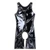 ACSUSS Men's Wetlook PVC Leather Front Zipper Open Crotch Lingerie Bodysuit Shorts Jumpsuit Black XX-Large view 3