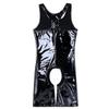 ACSUSS Men's Wetlook PVC Leather Front Zipper Open Crotch Lingerie Bodysuit Shorts Jumpsuit Black XX-Large view 4