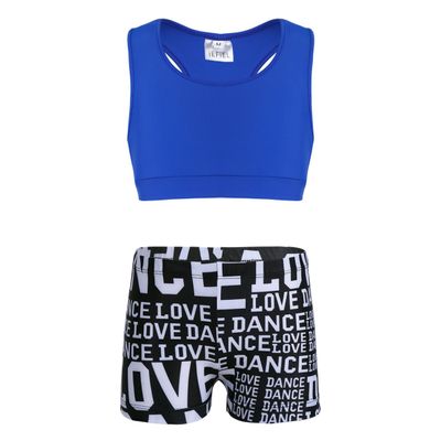 Alvivi Kids Girls Two Pieces Sports Dance Outfit Crop Tops Bra with Shorts Set Gymnastics Athletic Leotard Swimwear Blue&Black 5-6