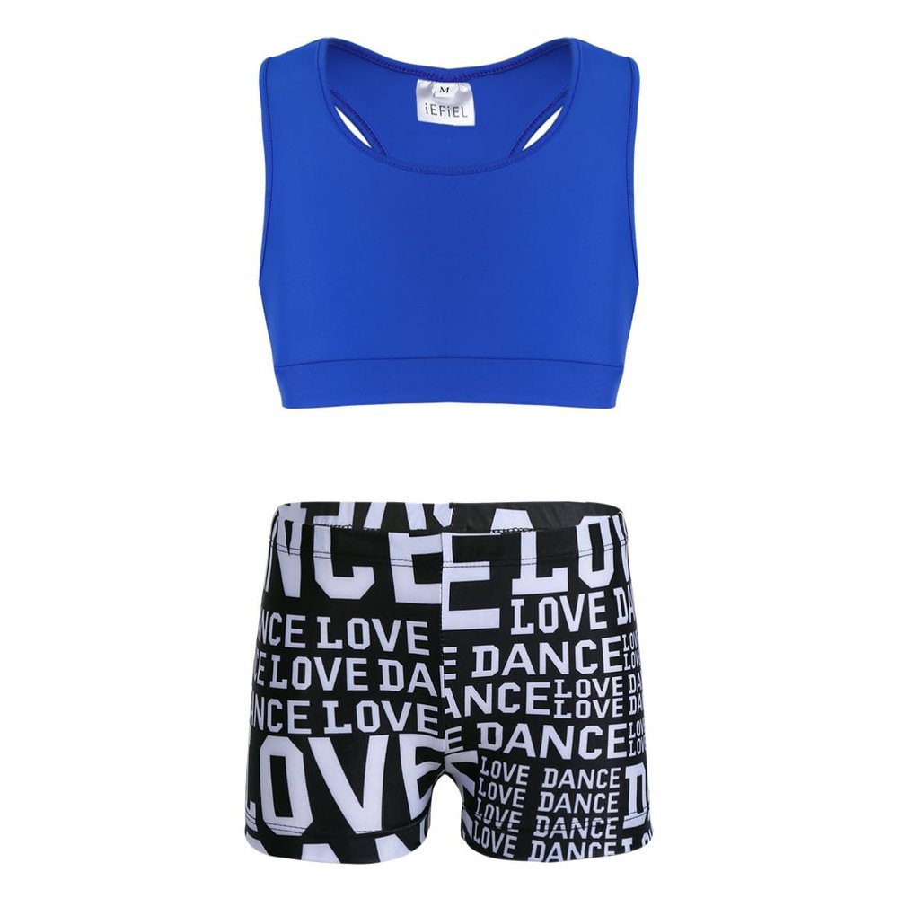 Alvivi Kids Girls Two Pieces Sports Dance Outfit Crop Tops Bra with Shorts Set Gymnastics Athletic Leotard Swimwear Blue&Black 5-6