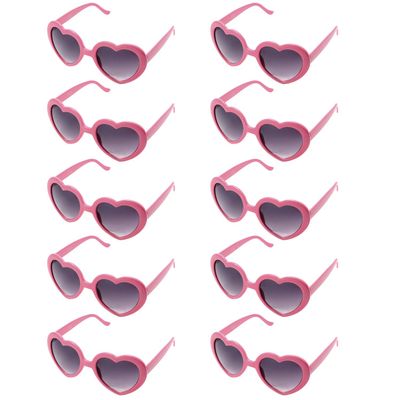 Binshang Pack of 10 Pink Heart Shaped Plastic Lens Sunglasses for Womens and Child in Party Festival (Pink), 5.7-0.5-5.1 inch