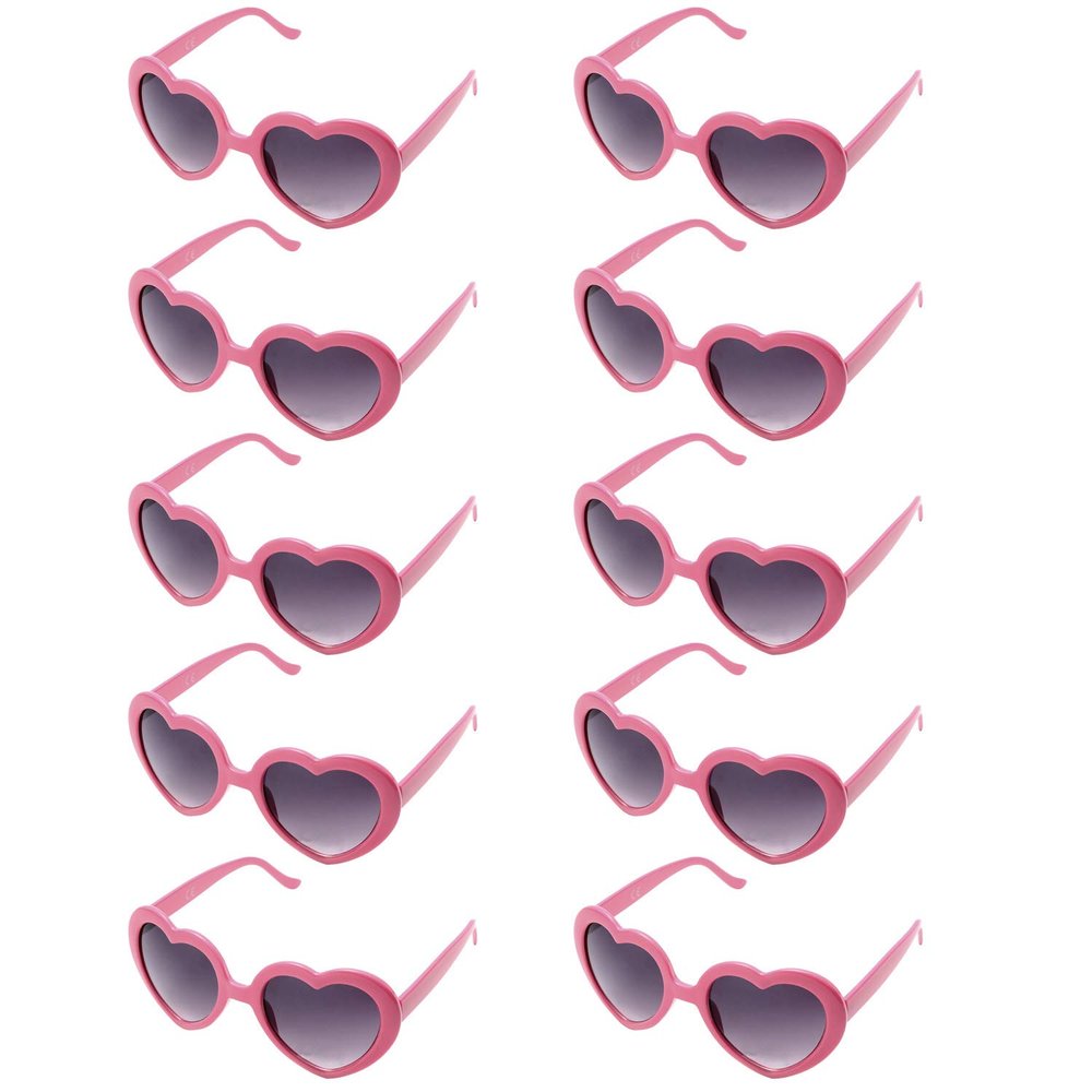 Binshang Pack of 10 Pink Heart Shaped Plastic Lens Sunglasses for Womens and Child in Party Festival (Pink), 5.7-0.5-5.1 inch