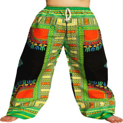 RaanPahMuang African Dashiki Rising Sun Elastic Waist Ankara Pants, Large, Traditional Dashiki - New Black Green