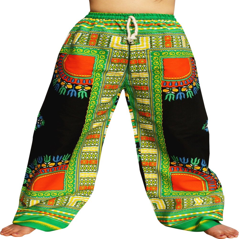 RaanPahMuang African Dashiki Rising Sun Elastic Waist Ankara Pants, Large, Traditional Dashiki - New Black Green