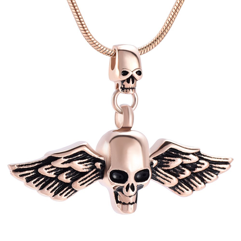 Cremation Jewelry for Ashes - Skull Angel Wing Charm Locket Pendant Necklace Jewelry, Keepsake Memorial Urns Gift for Women/Men, Free 20 Inch Chain+Fill Kit (Rose gold)