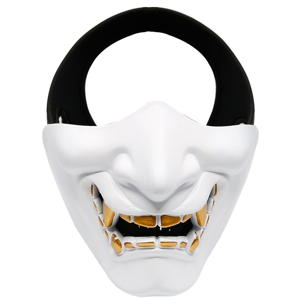 Airsoft Half Face Masks, Evil Demon Monster Kabuki Samurai Hannya Oni Half Face Protective Masks for Masquerade Ball, Party, Halloween, Cs War Game, BB Gun(White)