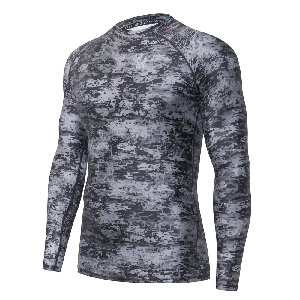 HUGE SPORTS Men's Splice UV Sun Protection UPF 50+ Skins Rash Guard Long Sleeves (Pixel Dark, 2XL)