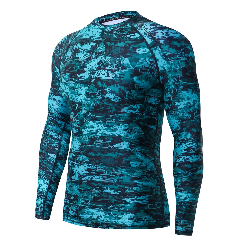 HUGE SPORTS Men's UV Sun Protection UPF 50+ Full Digital Print Rash Guard Long Sleeves (Pixel Green, 3XL)