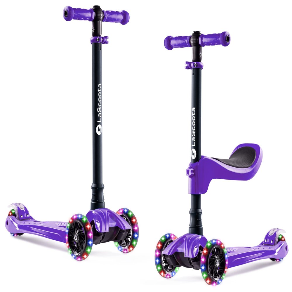 Lascoota 2-in-1 3-Wheel Scooter - Removable Seat Toddler Scooter - 4-Position Adjustable Handlebars Outdoor Toys - LED Light-Up Wheels Toys for Ages 5-7 - Purple, Ages 3-12, 100 lb Max