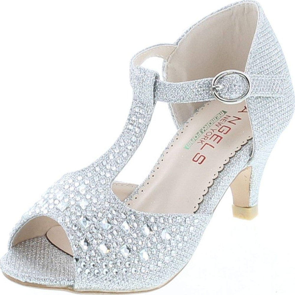 Angels New York Girls Glitter & Stone Sandal With Memory Foam Insole,Silver,11