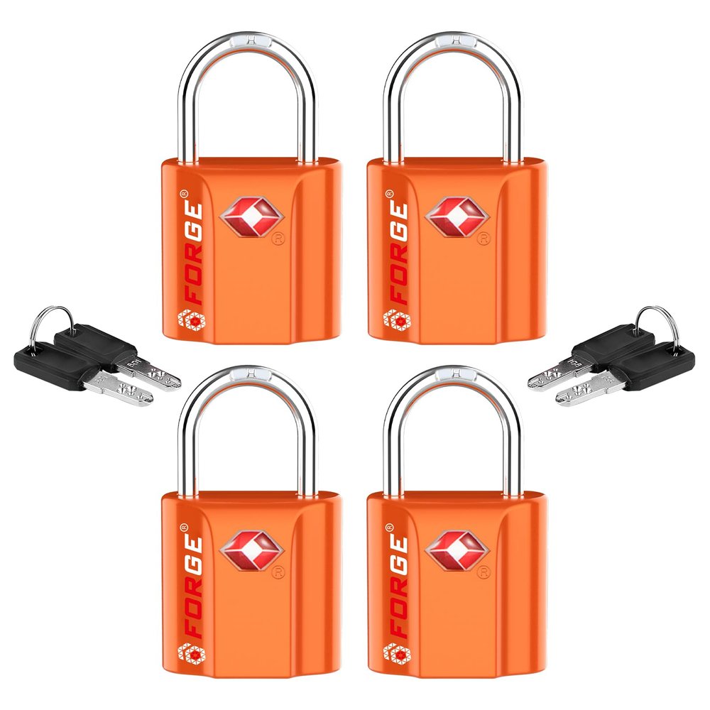 Forge Small TSA Approved Luggage Locks: Ultra Secure Dimple Key Travel Locks Alloy Body. for Luggage, Travel Cases, Backpacks, Orange 4 Pack.