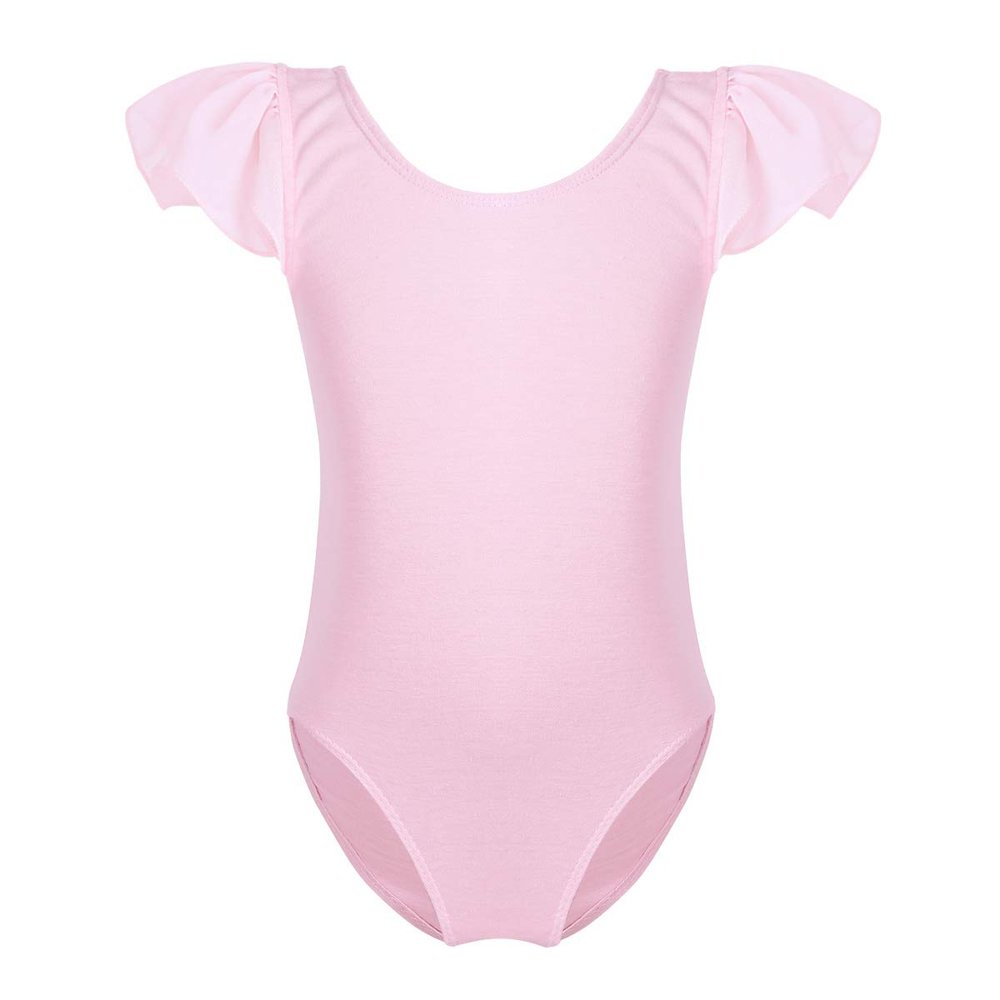 FEESHOW Girls' Flutter Ruffle Short Sleeve Gymnastics Ballet Dance Leotard Bodysuit for Toddler/Medium/Large Child Ruffle Sleeve Pink 3
