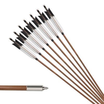 PG1ARCHERY Bamboo Arrows, 12 Pack Practice Target Arrow Handmade Self Nock Feather Fletched 6.2" Vane for Longbow Traditional & Recurve Bow Gray White