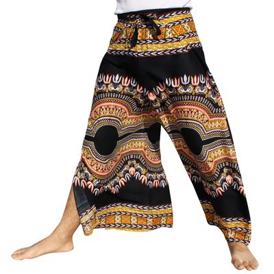 Full Funk Rayon Drive in Wrap Pants Open or Tied Legs African Dashiki Art, Small, Black Yellow