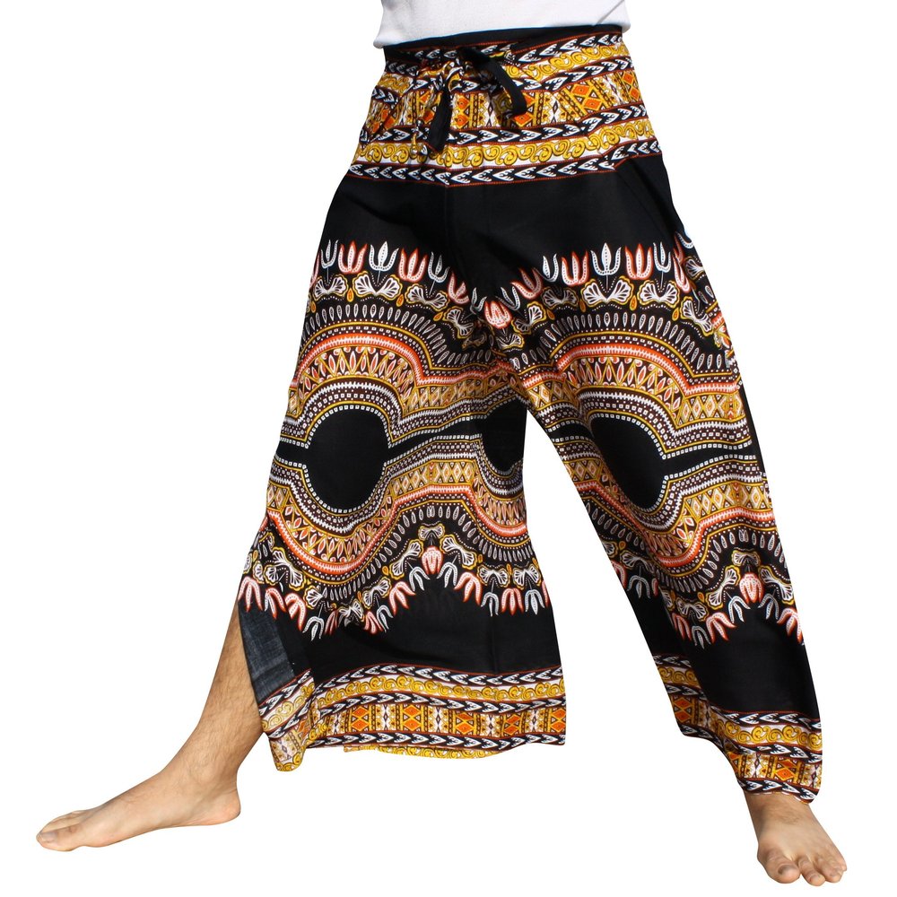 Full Funk Rayon Drive in Wrap Pants Open or Tied Legs African Dashiki Art, Small, Black Yellow