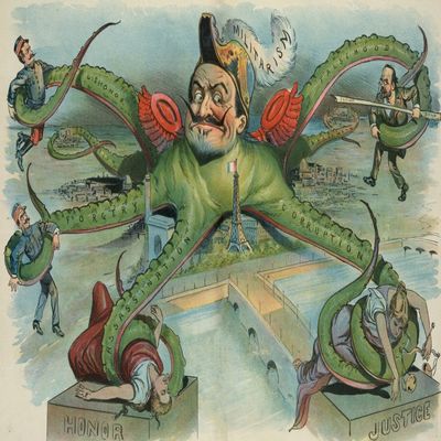 Print shows an octopus with the head of a French military officer (which may represent General Boisdeffre or General Gonse) wearing a plumed hat labeled Militarism that has settled over Paris France w