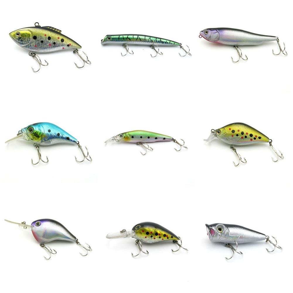 4044 Big One 9 Pieces Fishing Lures Crankbait Freshwater Saltwater Hard Baits Diving Topwater Floating Bass Lots 2657