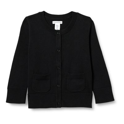Amazon Essentials Girls' Uniform Slim Fit Crewneck Cardigan Sweater, Black, X-Small