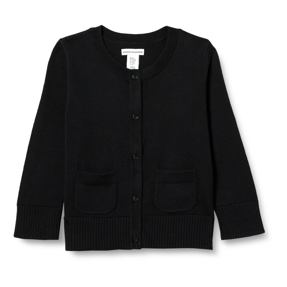 Amazon Essentials Girls' Uniform Slim Fit Crewneck Cardigan Sweater, Black, X-Small