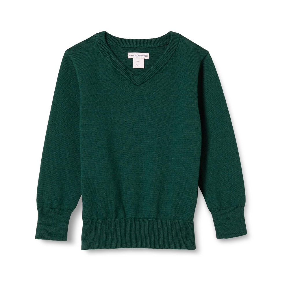 Amazon Essentials Unisex Kids' Uniform Cotton V-Neck Sweater, Dark Green Heather, Small