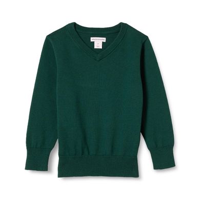 Amazon Essentials Unisex Kids' Uniform Cotton V-Neck Sweater, Dark Green Heather, Medium