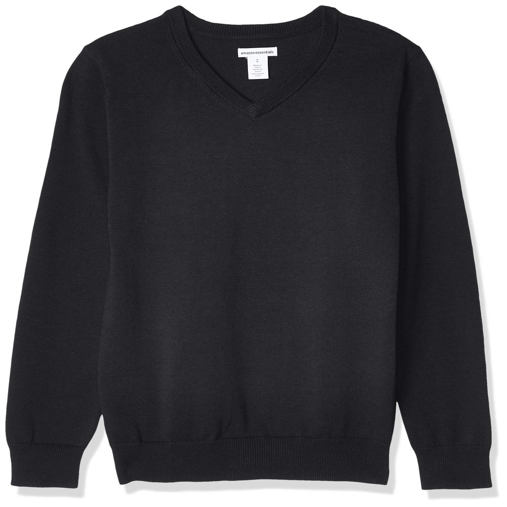 Amazon Essentials Unisex Kids' School Uniform Cotton V-Neck Sweater, Black Heather, Large