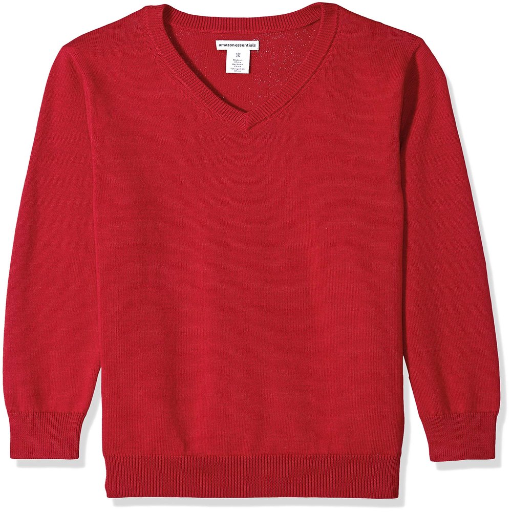 Amazon Essentials Unisex Toddlers' Uniform Cotton V-Neck Sweater, Red Heather, 4T