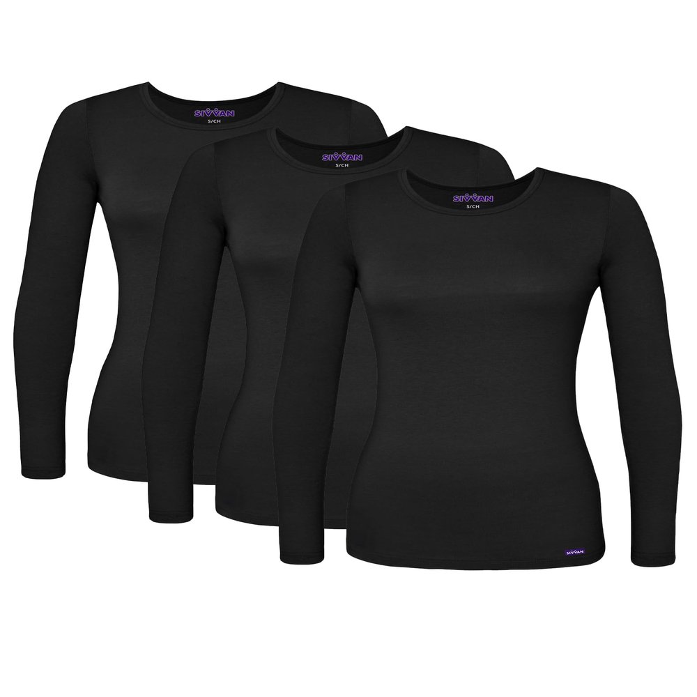 Sivvan Scrubs for Women - Long Sleeve Comfort Underscrub Tee 3-Pack - S85003 - Black - XXS