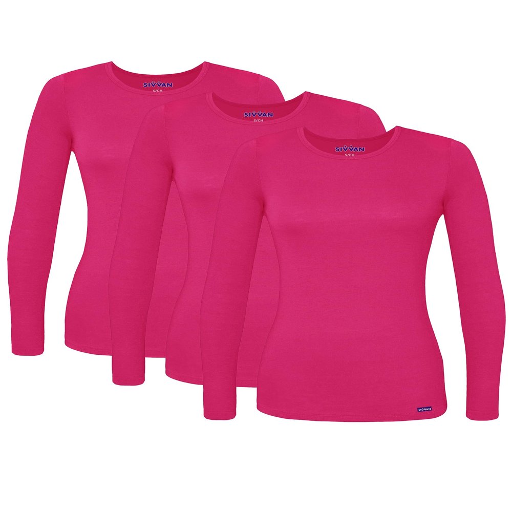 Sivvan Scrubs for Women - Long Sleeve Comfort Underscrub Tee 3-Pack - S85003 - Fuchsia - L