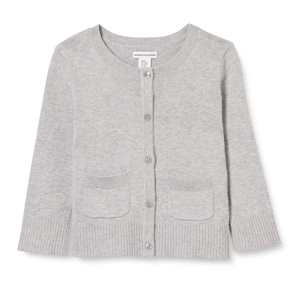 Amazon Essentials Girls' Uniform Slim Fit Crewneck Cardigan Sweater, Light Grey Heather, X-Large