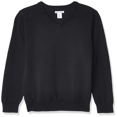 Amazon Essentials Unisex Kids' School Uniform Cotton V-Neck Sweater, Black Heather, Small
