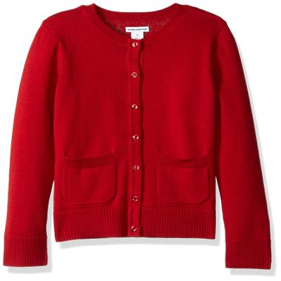 Amazon Essentials Toddler Girls' Uniform Slim Fit Crewneck Cardigan Sweater, Red, 4T