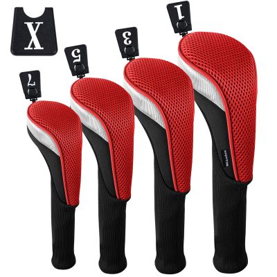 Andux 4pcs/Set Mesh Golf 460cc Driver Fairway Wood Club Head Covers Long Neck with No. Tags Black/Red