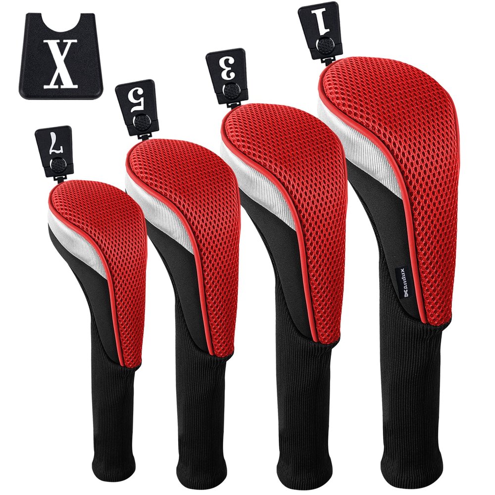Andux 4pcs/Set Mesh Golf 460cc Driver Fairway Wood Club Head Covers Long Neck with No. Tags Black/Red
