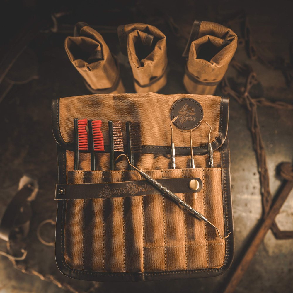 Gun Cleaning Brushes and Picks with Waxed Canvas Tool Roll