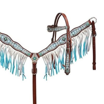 Showman Headstall & Breast Collar Set w/Blue Diamond Print & Blue Ombre Fringe
