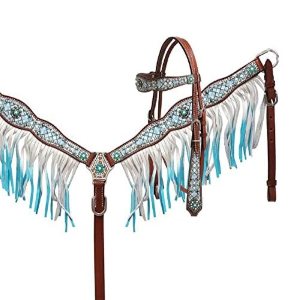 Showman Headstall & Breast Collar Set w/Blue Diamond Print & Blue Ombre Fringe