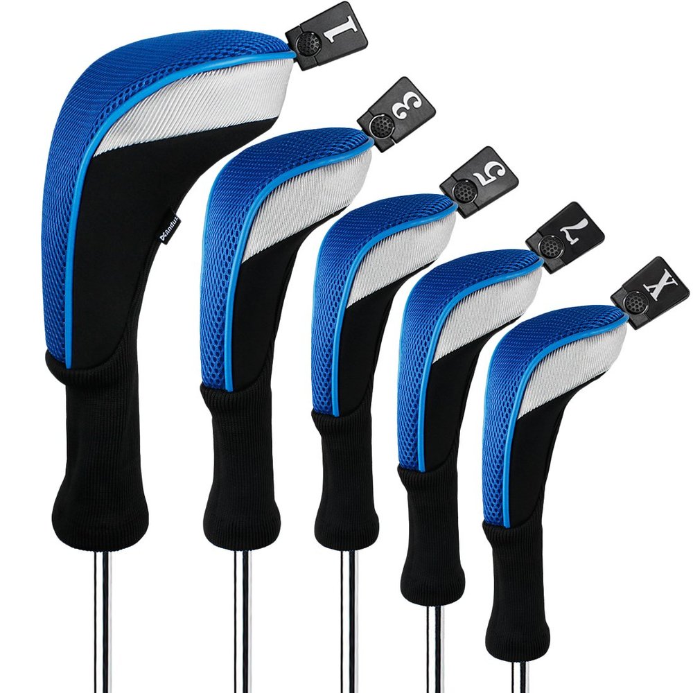 Andux 5pcs/Set Mesh Golf 460cc Driver Fairway Wood Club Head Covers Long Neck with No. Tags Black/Blue