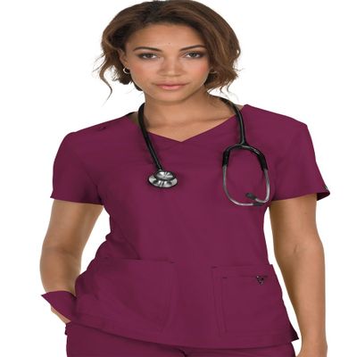 KOI Basics Katie Women's 4-Pocket Mock-Wrap Scrub Top Wine X-Large