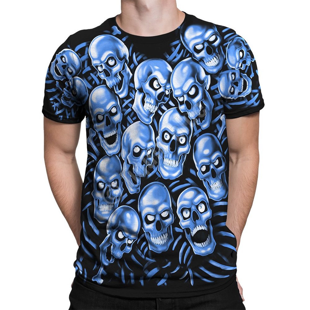 Liquid Blue unisex adult Skull Pile Blue Fantasy All Over Print Short Sleeve T-shirt T Shirt, Black, Large US