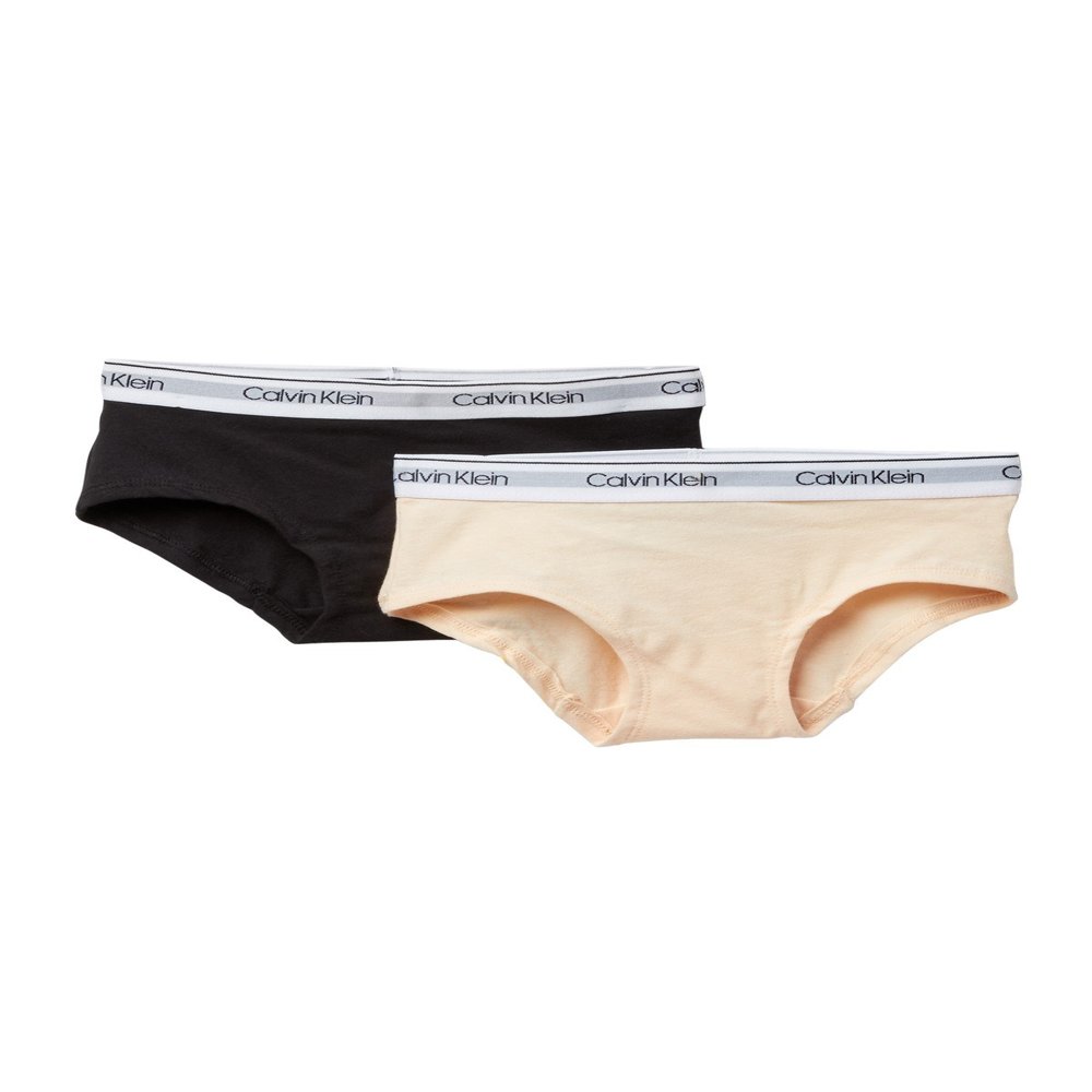 Calvin Klein Girl`s Logo Hipster Briefs 2 Pack (Nude(HC7104)/Black/White, Small)