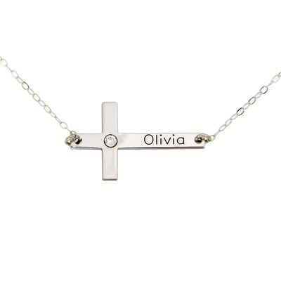 AJ's Collection Personalized Cross Necklace With Birthstone Setting. Upto 9 Characters. Choice of 925 Chain. Gifts for Her